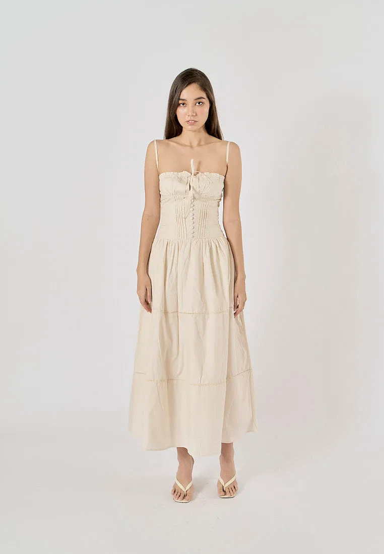 Olivette Beige Button Down Ruched Bust Square Neck Tiered Midi Dress