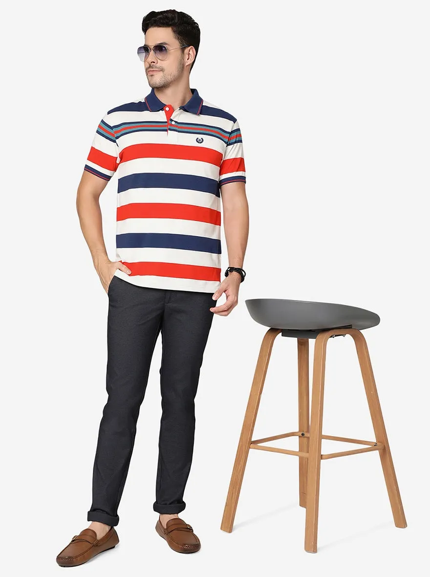 Orange & White Striped Slim Fit Polo T-Shirt | Greenfibre