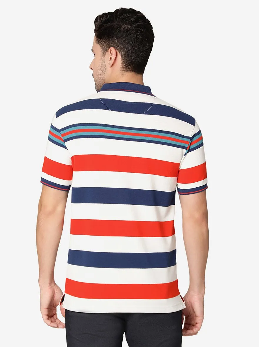 Orange & White Striped Slim Fit Polo T-Shirt | Greenfibre