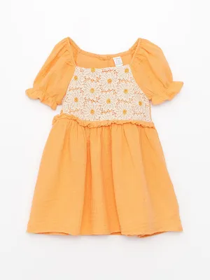 Orange Square Neck Lace Detailed Baby Girl Dress