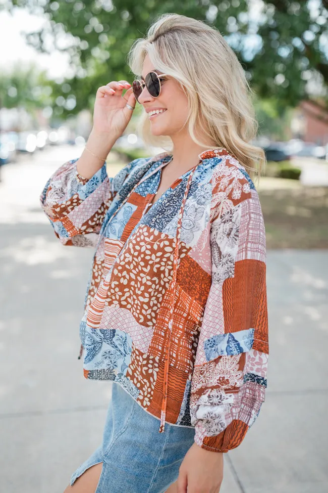 Outlook On Life Brown Multi Patchwork Printed Blouse FINAL SALE