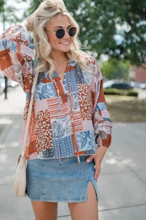 Outlook On Life Brown Multi Patchwork Printed Blouse FINAL SALE