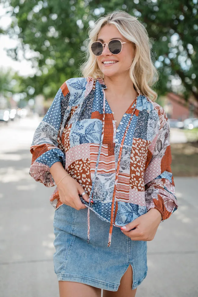 Outlook On Life Brown Multi Patchwork Printed Blouse FINAL SALE