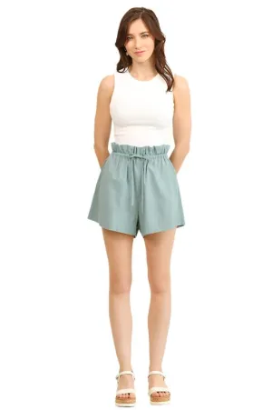 Paperbag Waist Side Pockets Shorts Blue
