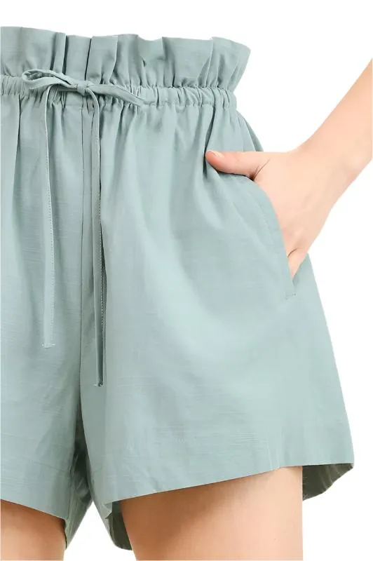 Paperbag Waist Side Pockets Shorts Blue