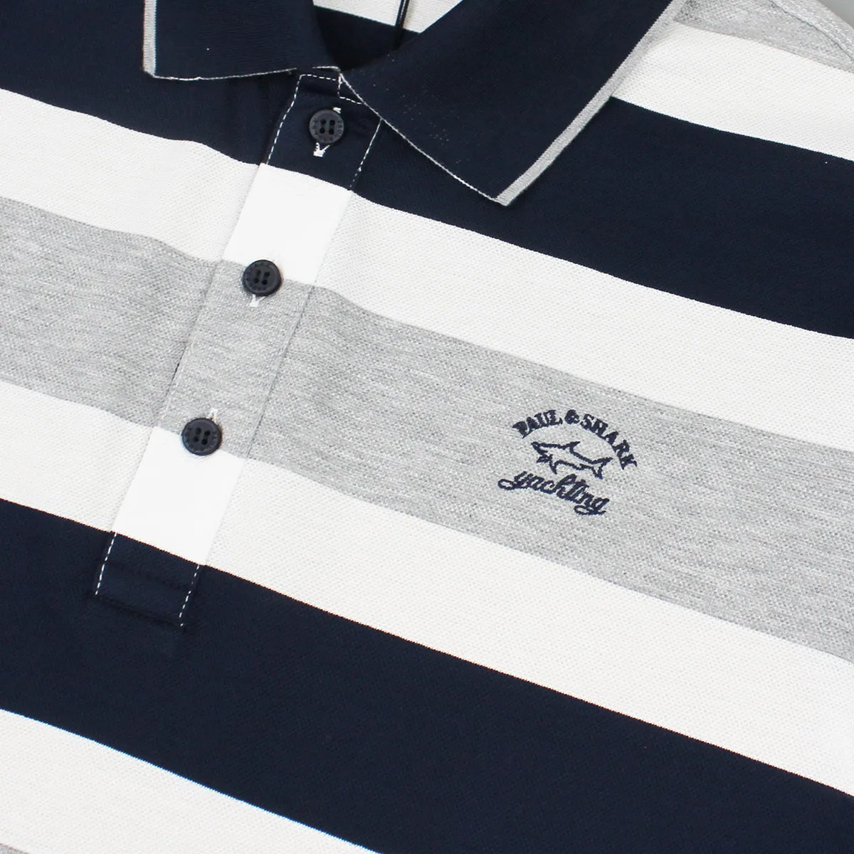 Paul & Shark - Striped Polo Shirt in White Grey & Navy