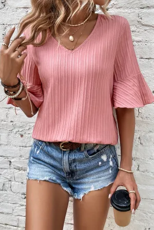 Peach Blossom Plain Pleated Ruffled Half Sleeve V Neck Top