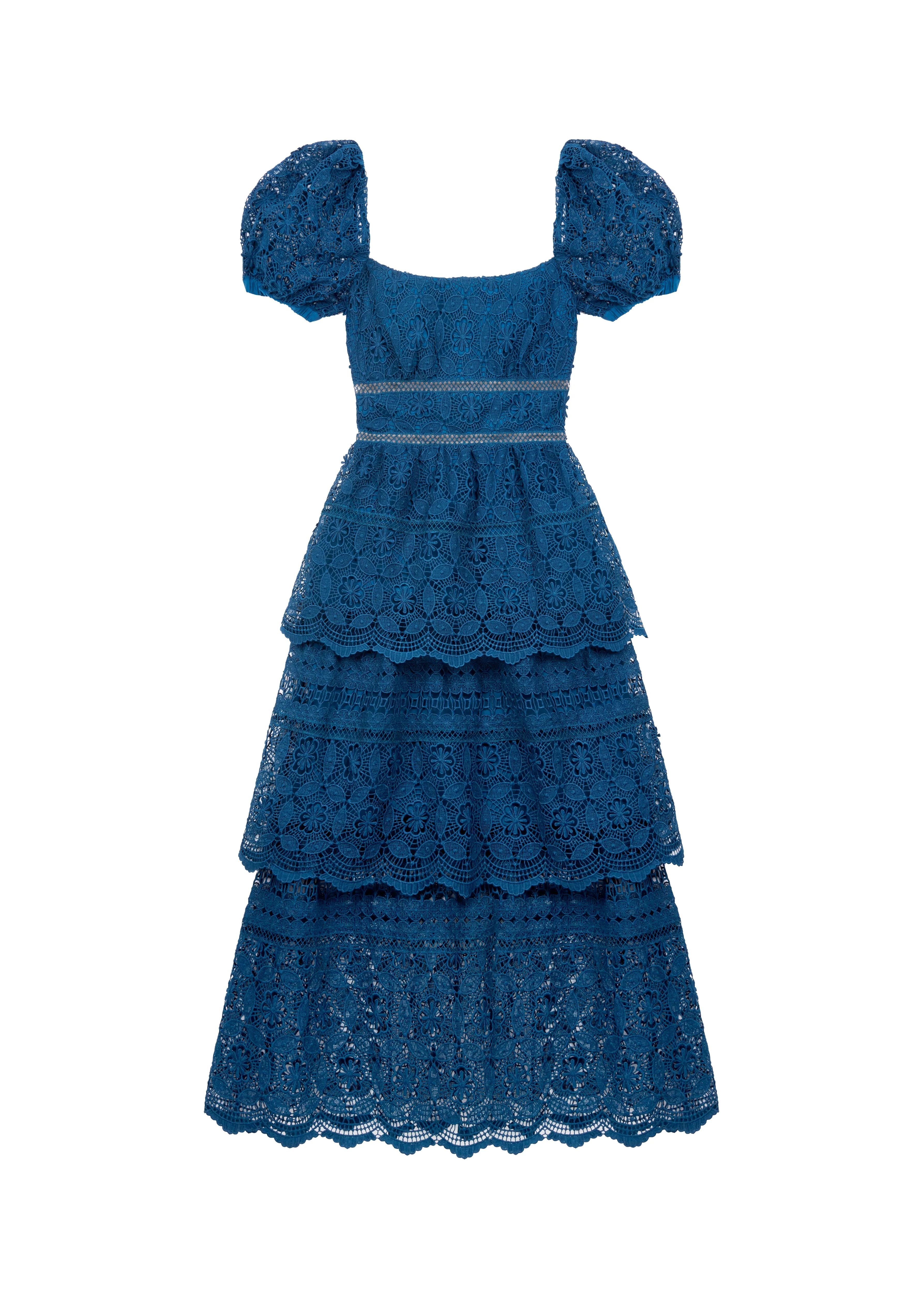 Petrol Lace Guipure Tiered Midi Dress (Petrol Blue)