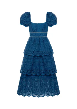 Petrol Lace Guipure Tiered Midi Dress (Petrol Blue)