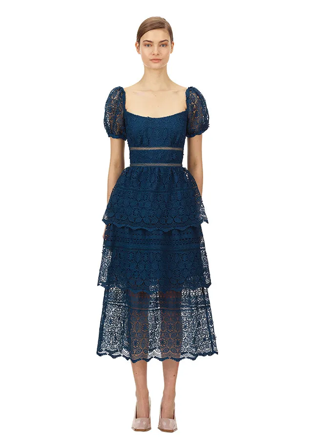 Petrol Lace Guipure Tiered Midi Dress (Petrol Blue)
