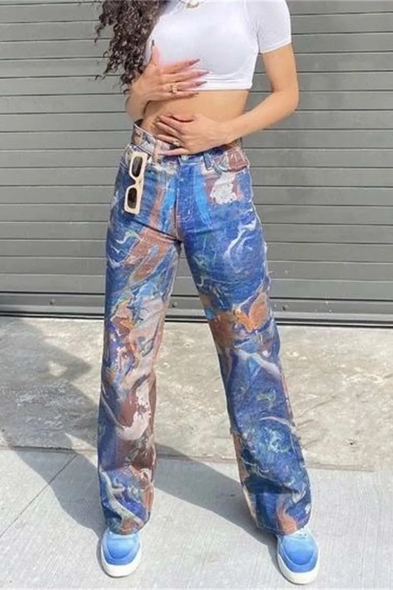 PI663 Graphic Straight-Leg Denim Pants