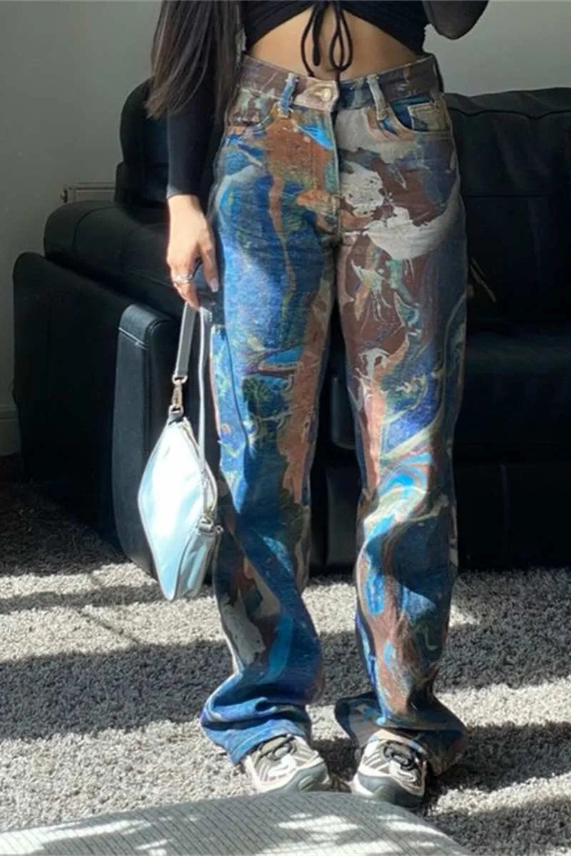 PI663 Graphic Straight-Leg Denim Pants
