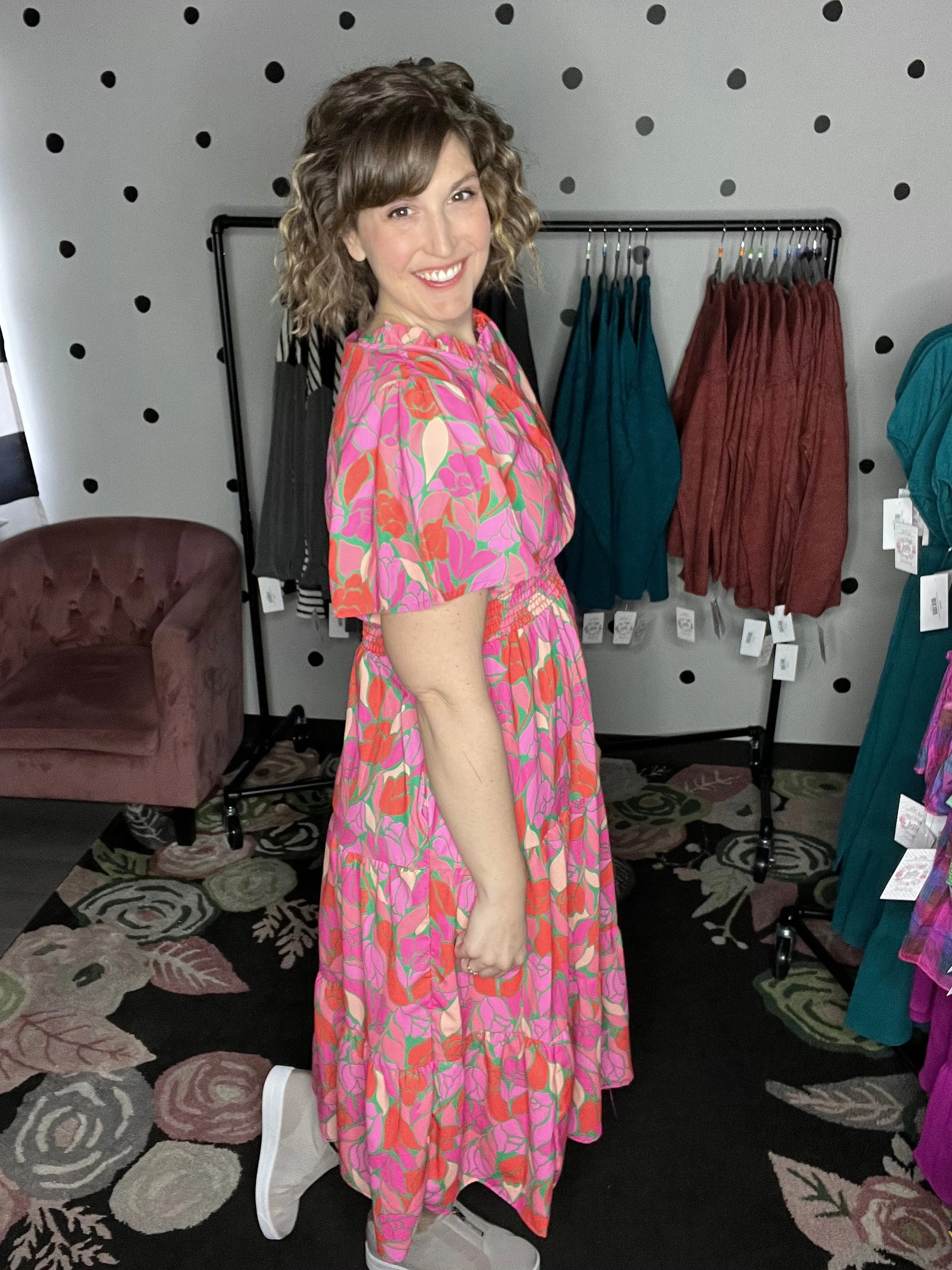 Pink Floral Smocked Waist Midi Dress