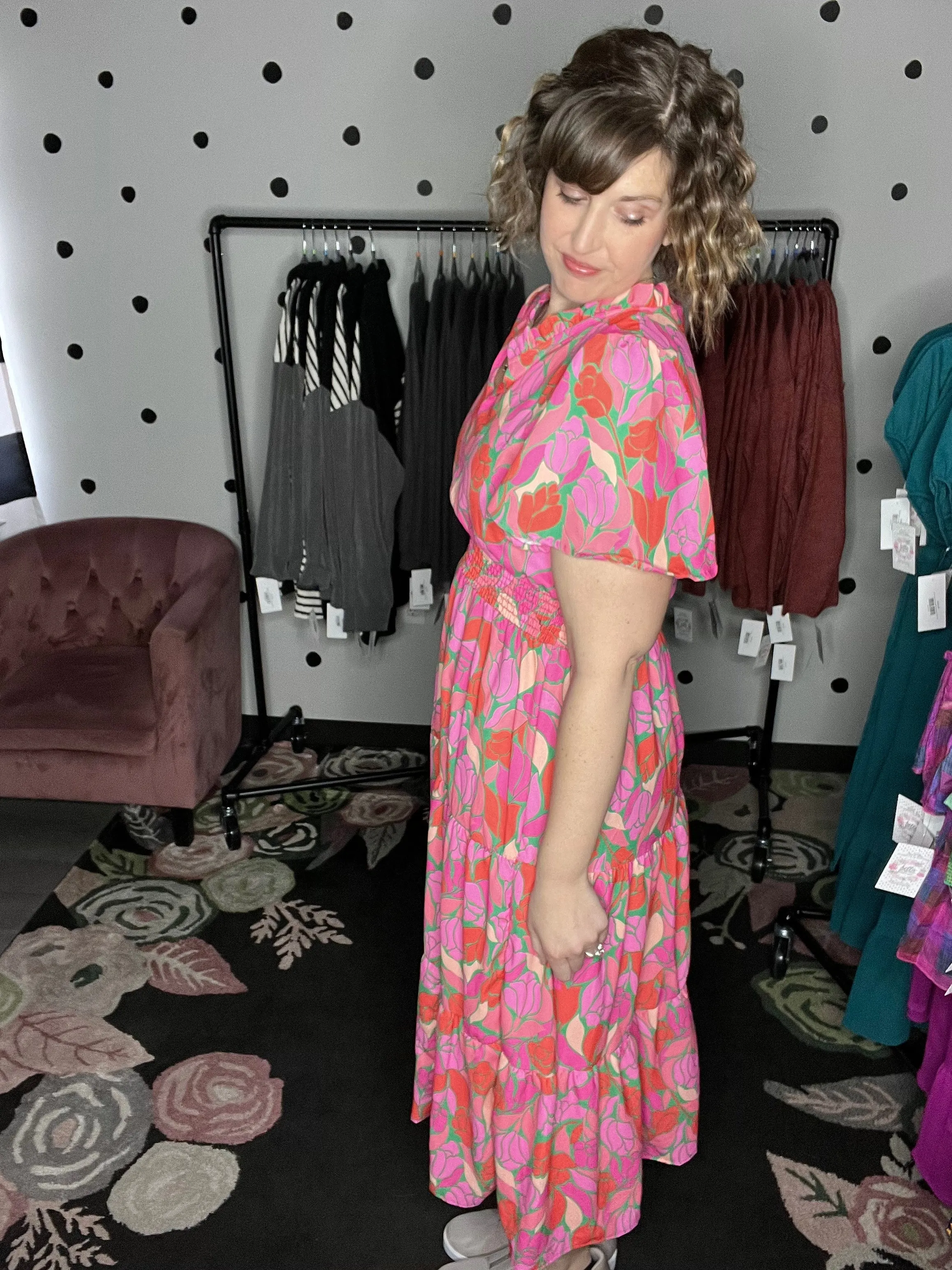 Pink Floral Smocked Waist Midi Dress