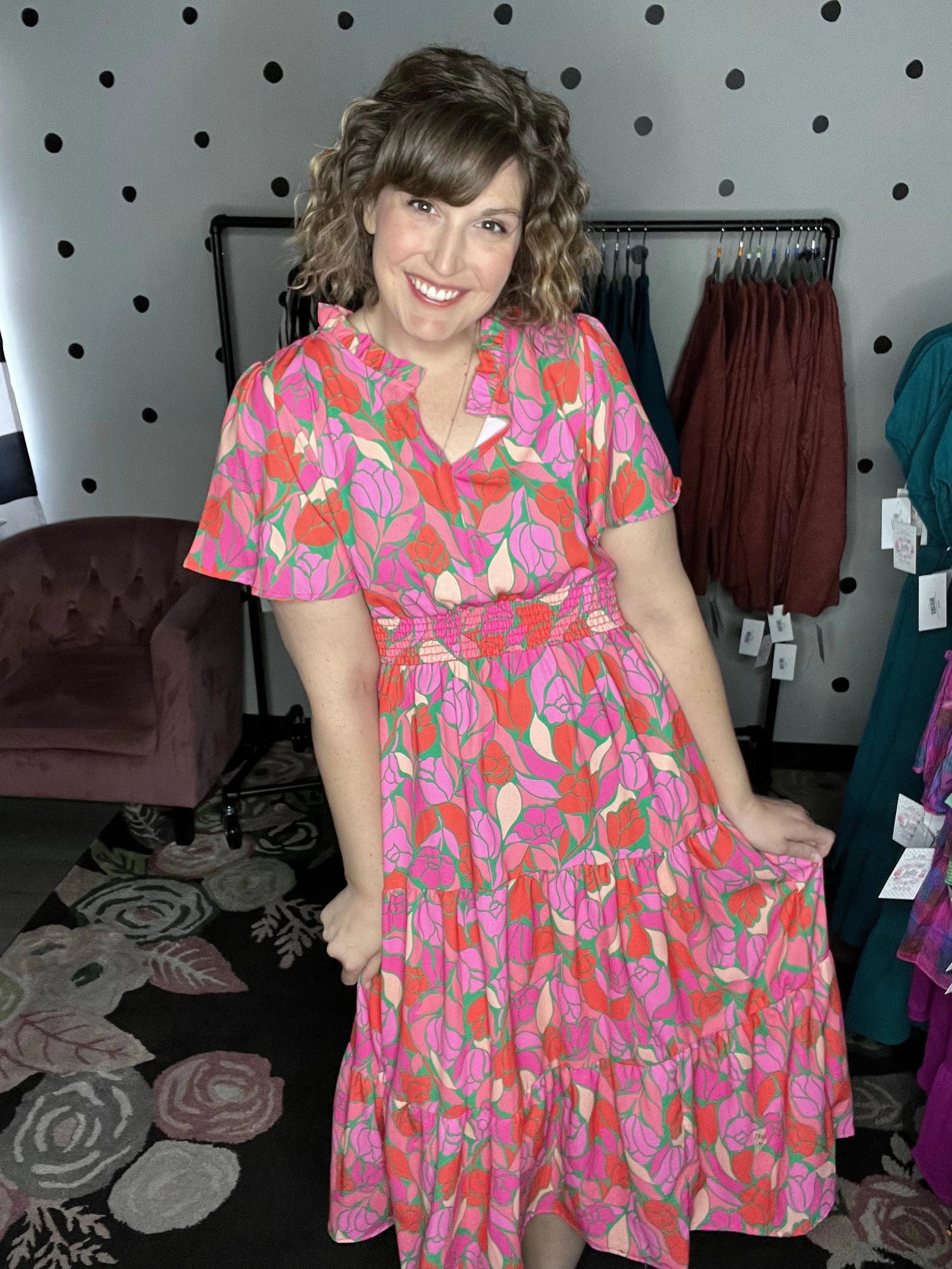 Pink Floral Smocked Waist Midi Dress