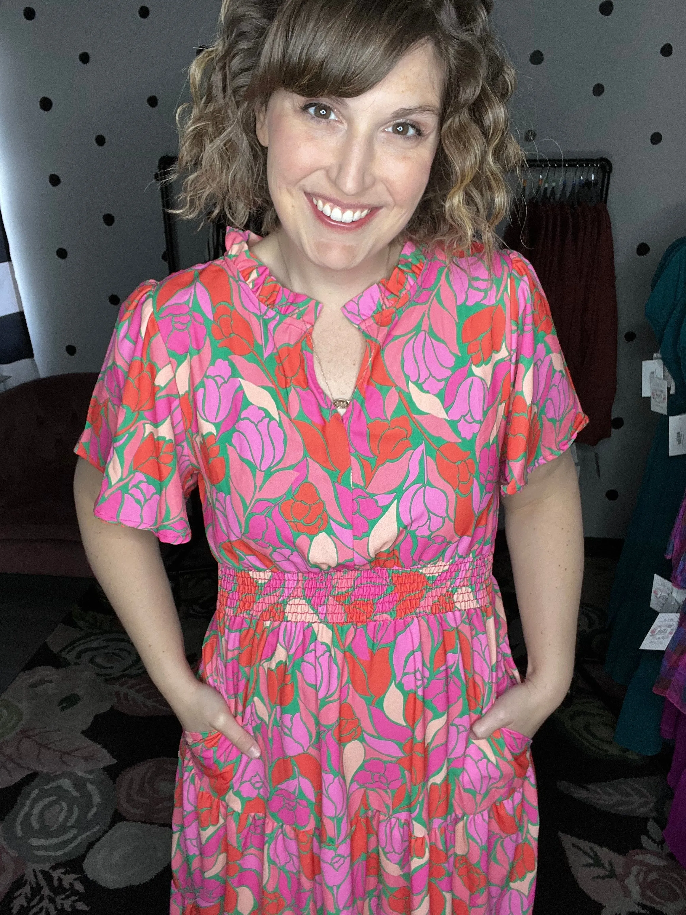 Pink Floral Smocked Waist Midi Dress