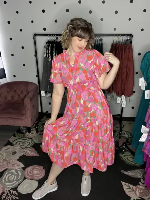 Pink Floral Smocked Waist Midi Dress