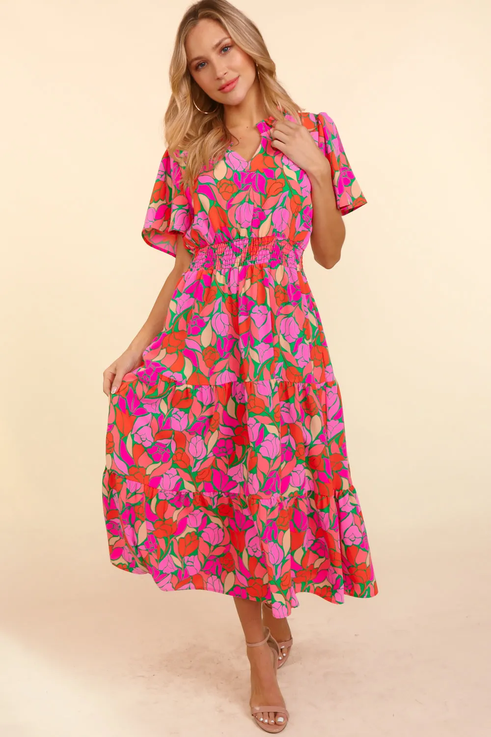 Pink Floral Smocked Waist Midi Dress