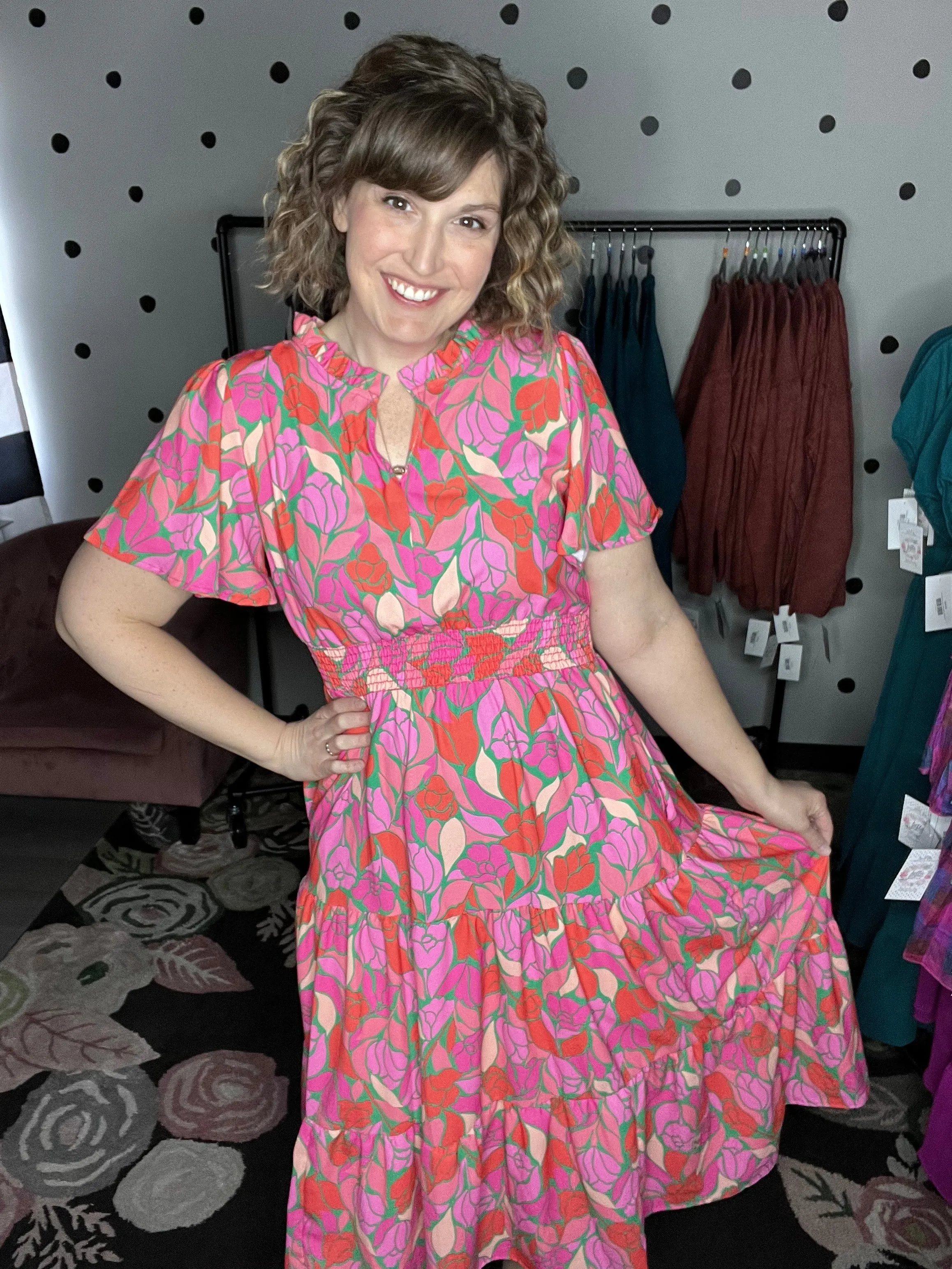 Pink Floral Smocked Waist Midi Dress