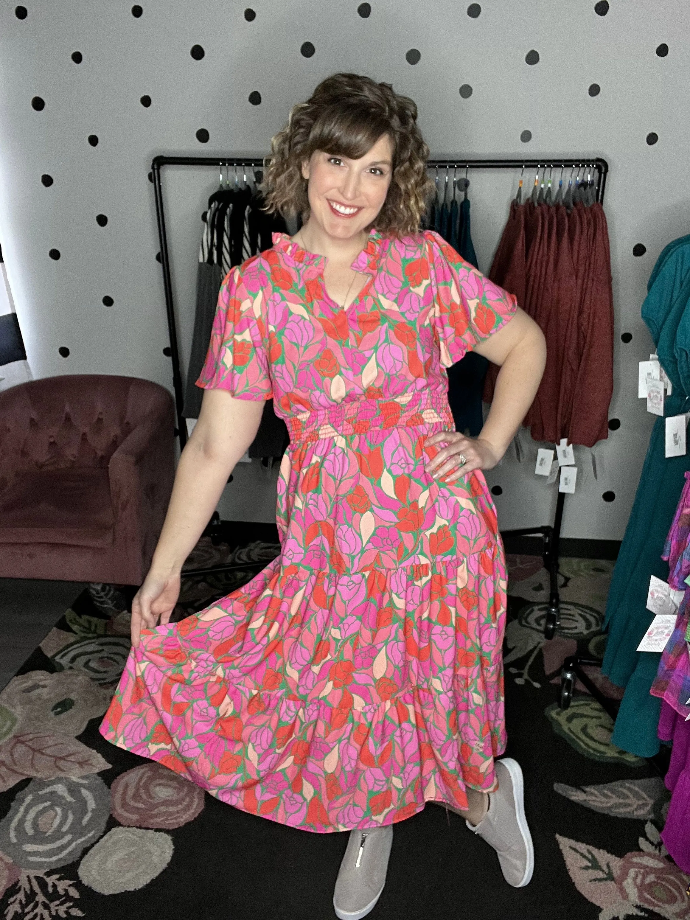 Pink Floral Smocked Waist Midi Dress