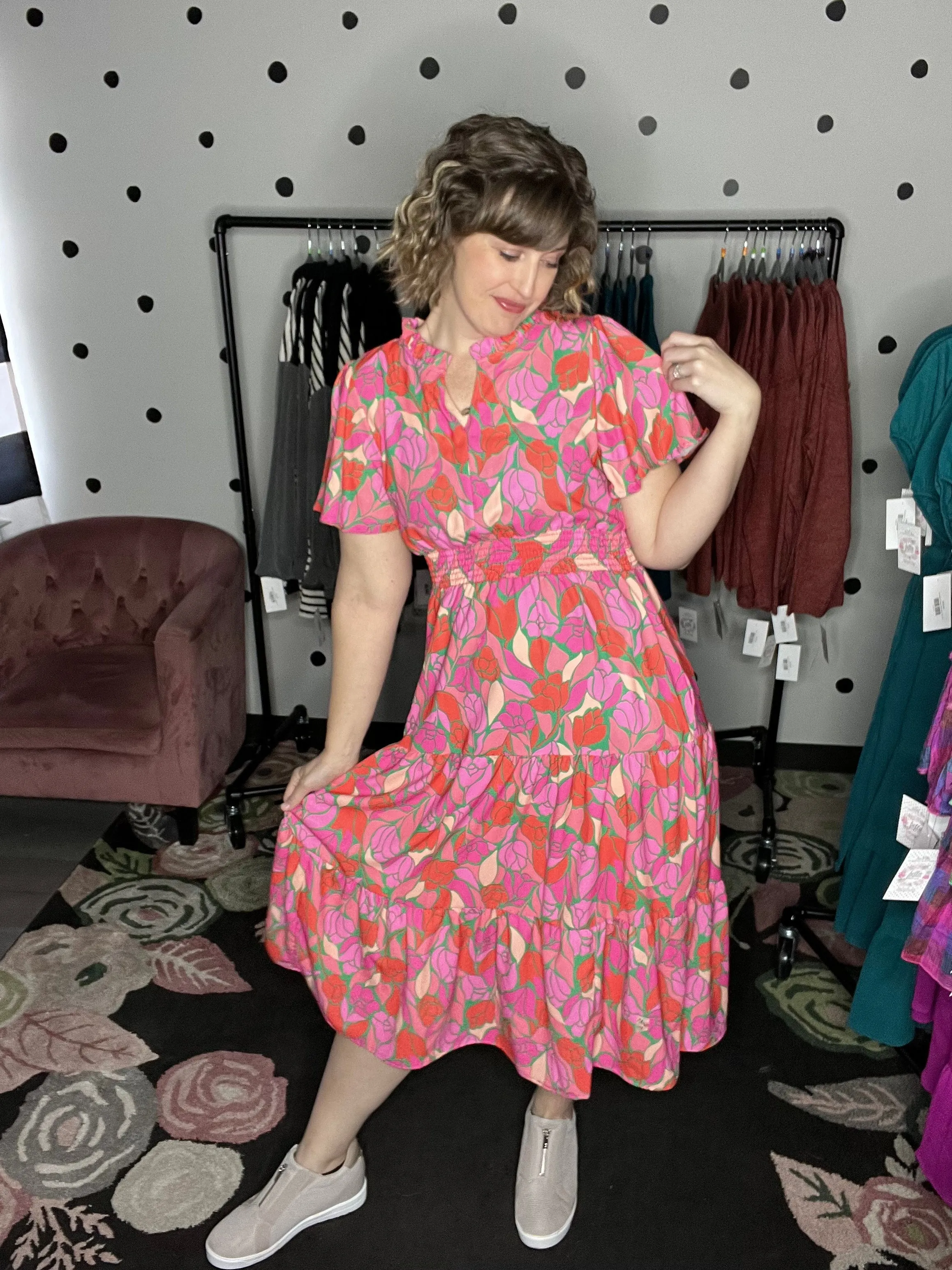 Pink Floral Smocked Waist Midi Dress