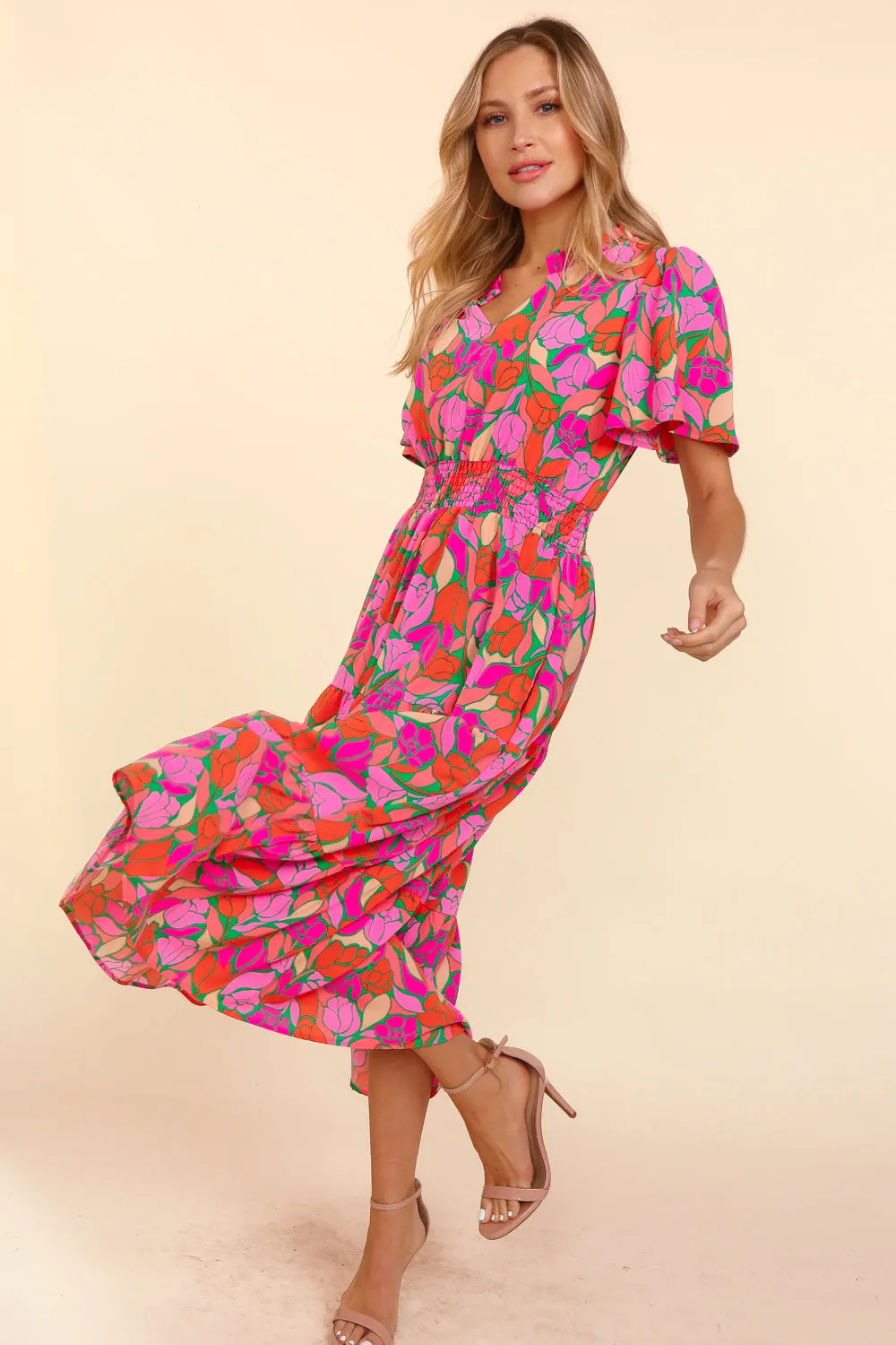 Pink Floral Smocked Waist Midi Dress