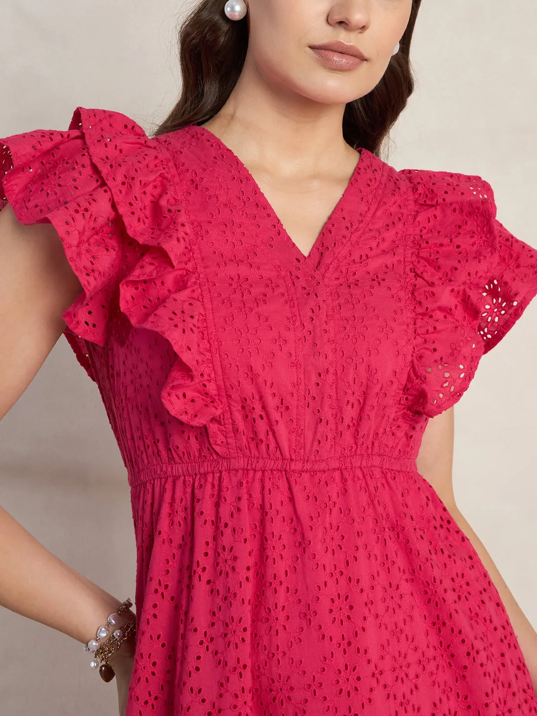 Pink Ruffle Tiered Midi Dress