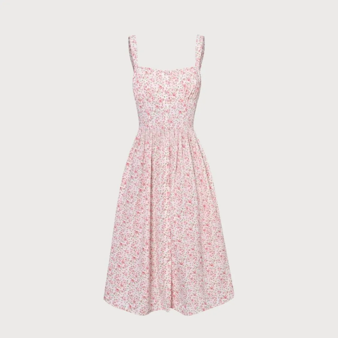 Pink Square Neck Pleated Floral Midi Dress