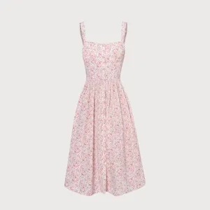 Pink Square Neck Pleated Floral Midi Dress