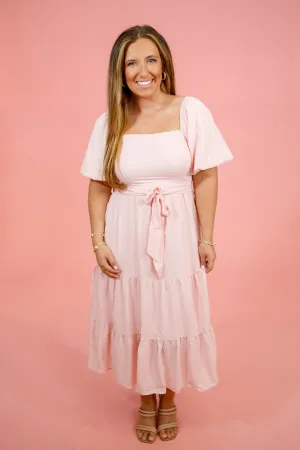 Pink Textured Front Tie Midi Dress