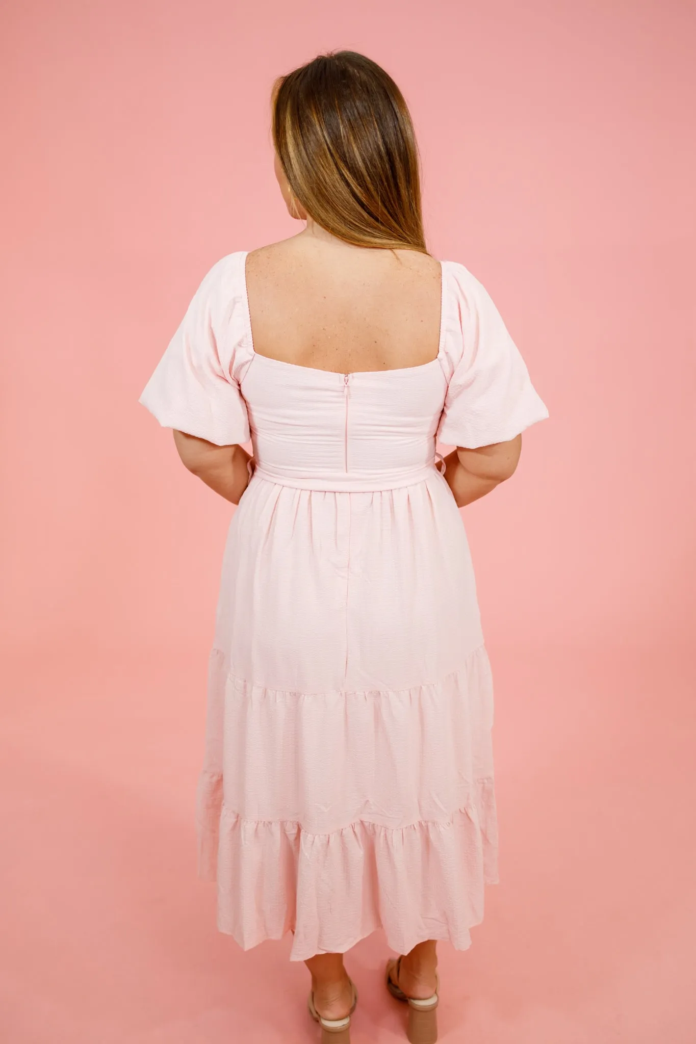 Pink Textured Front Tie Midi Dress