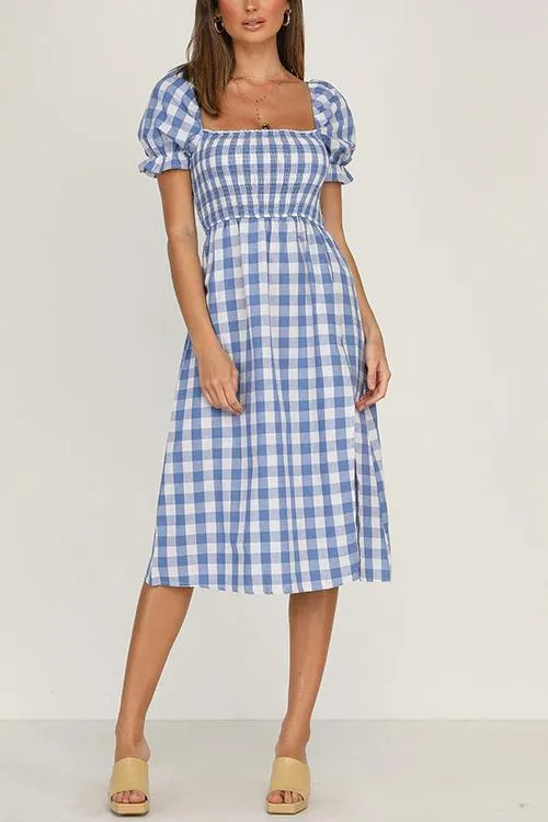 Plaid Square Neck Slit Dress