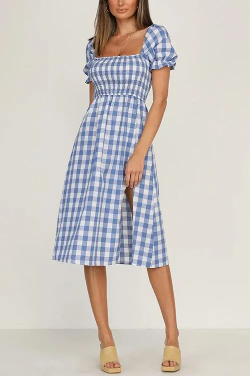 Plaid Square Neck Slit Dress