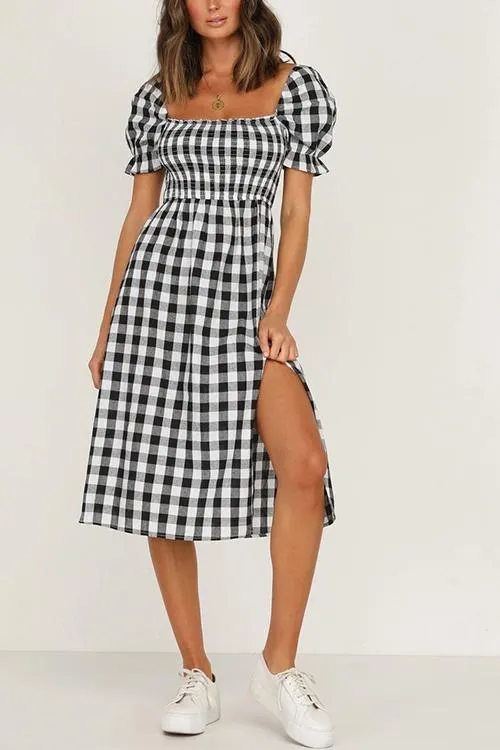 Plaid Square Neck Slit Dress