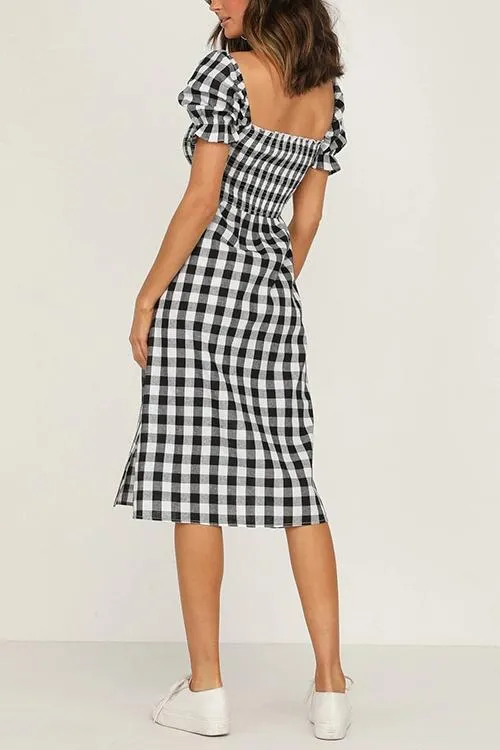 Plaid Square Neck Slit Dress