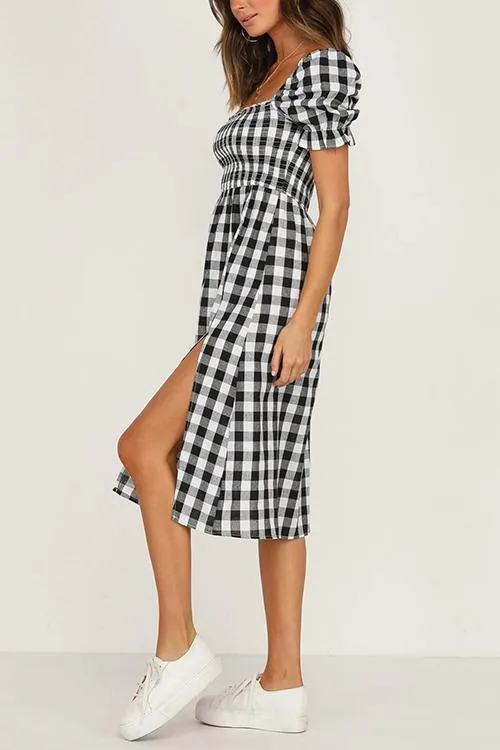 Plaid Square Neck Slit Dress
