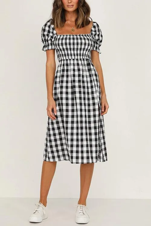 Plaid Square Neck Slit Dress