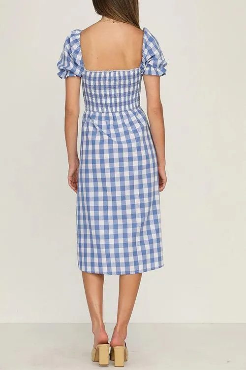 Plaid Square Neck Slit Dress