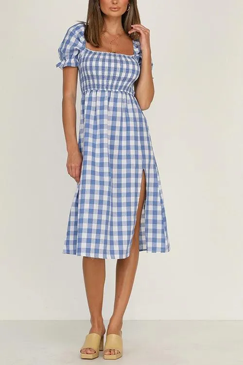 Plaid Square Neck Slit Dress