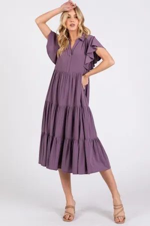Playful Dress Mood Ruffle Sleeve Collared V Neck Tiered Midi Dress