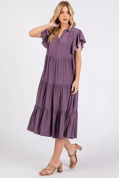 Playful Dress Mood Ruffle Sleeve Collared V Neck Tiered Midi Dress
