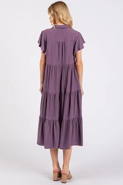 Playful Dress Mood Ruffle Sleeve Collared V Neck Tiered Midi Dress