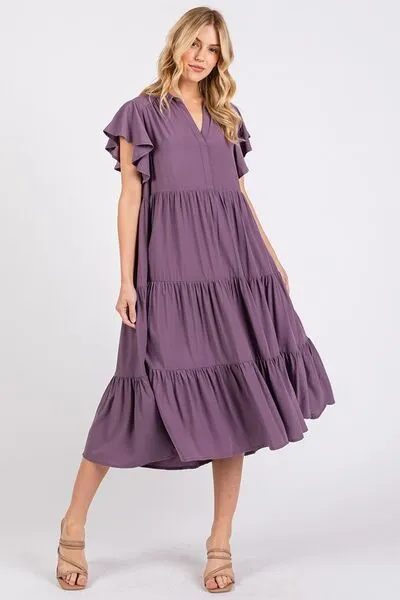 Playful Dress Mood Ruffle Sleeve Collared V Neck Tiered Midi Dress