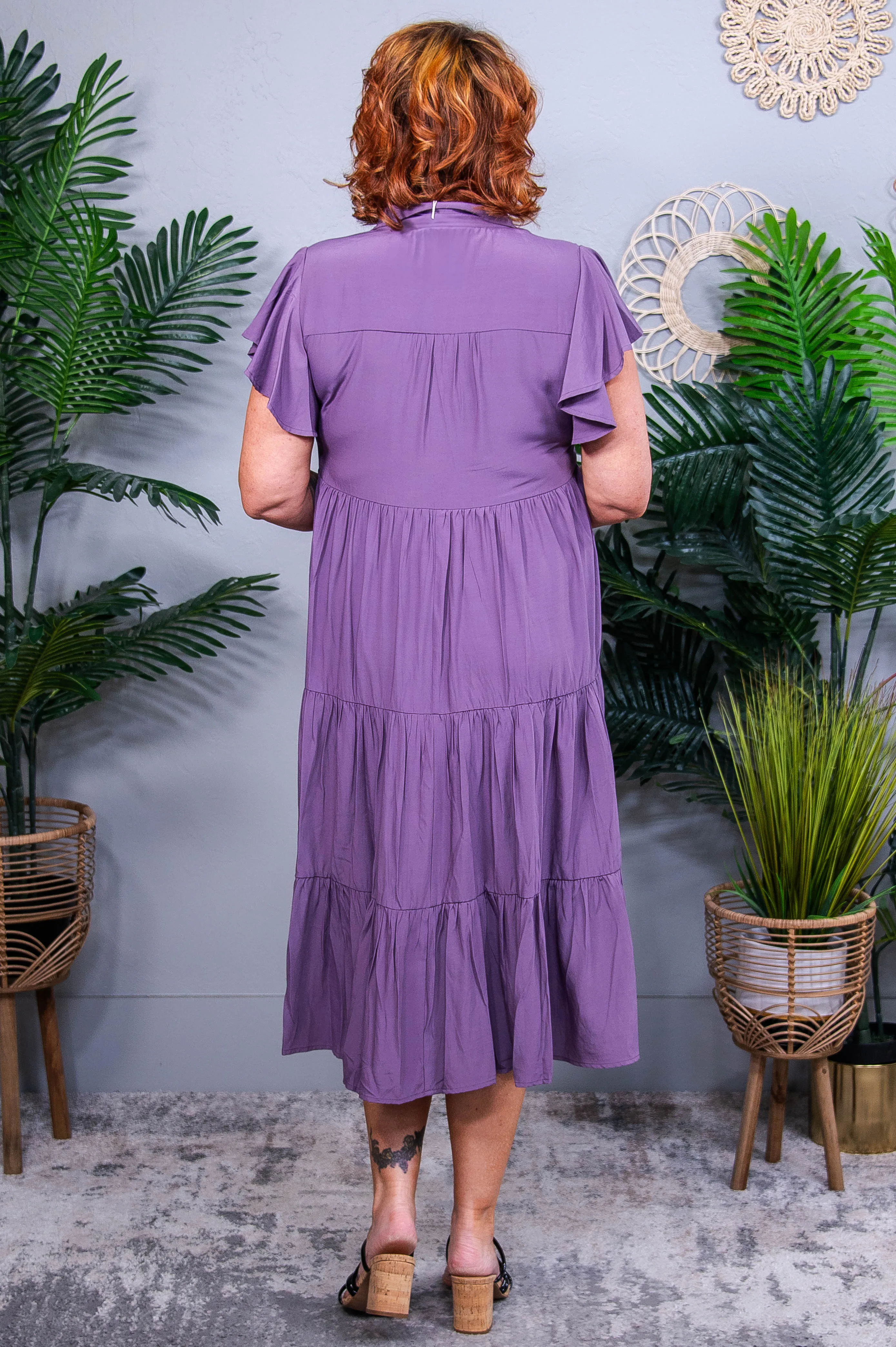 Playful Dress Mood Ruffle Sleeve Collared V Neck Tiered Midi Dress