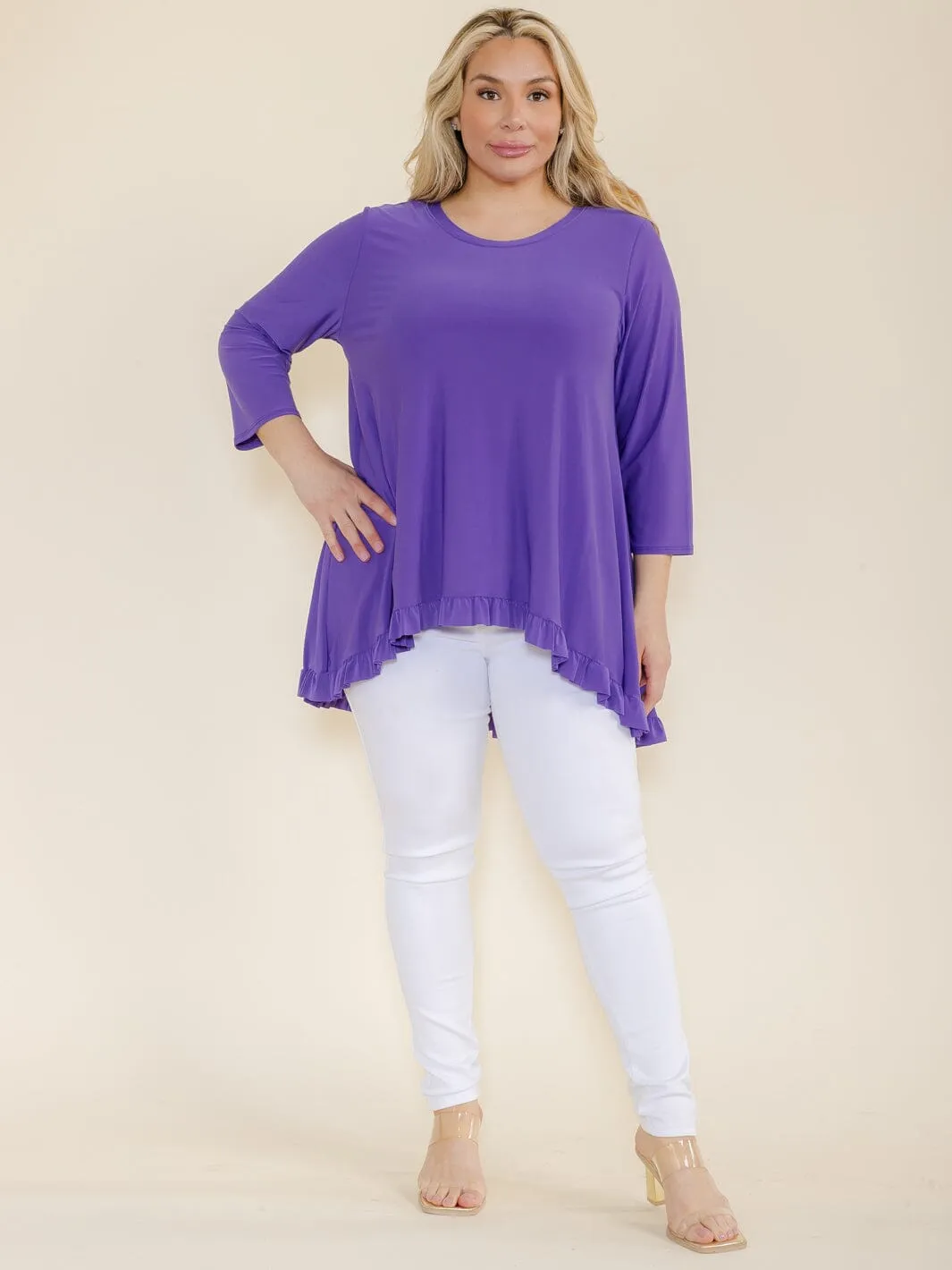 PLUS SIZE 3/4 SLEEVES RUFFLE BOTTOM HEM TUNIC HIGH-LOW TOP