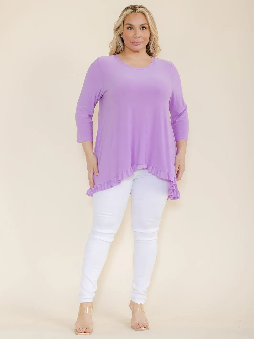 PLUS SIZE 3/4 SLEEVES RUFFLE BOTTOM HEM TUNIC HIGH-LOW TOP