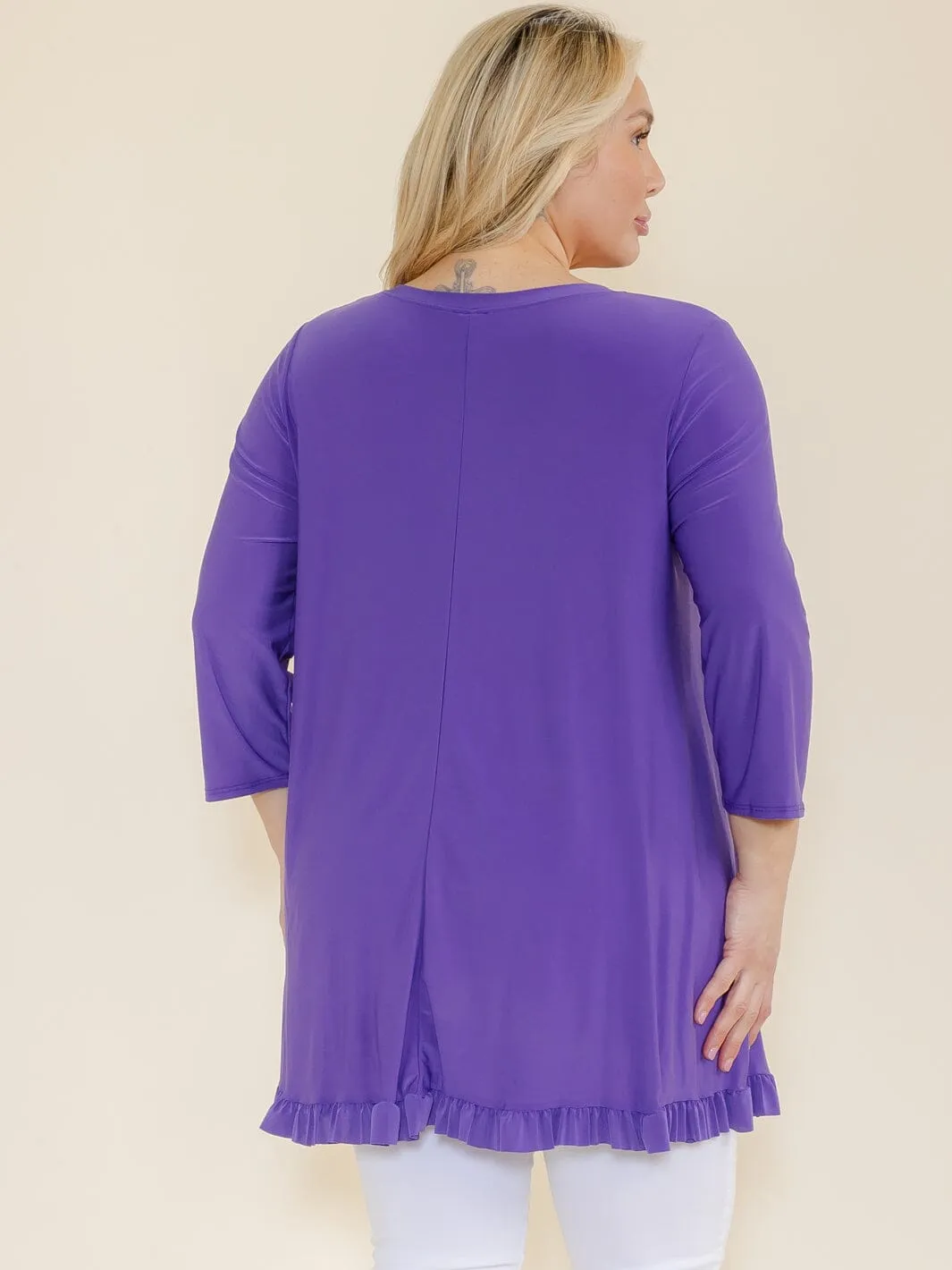 PLUS SIZE 3/4 SLEEVES RUFFLE BOTTOM HEM TUNIC HIGH-LOW TOP
