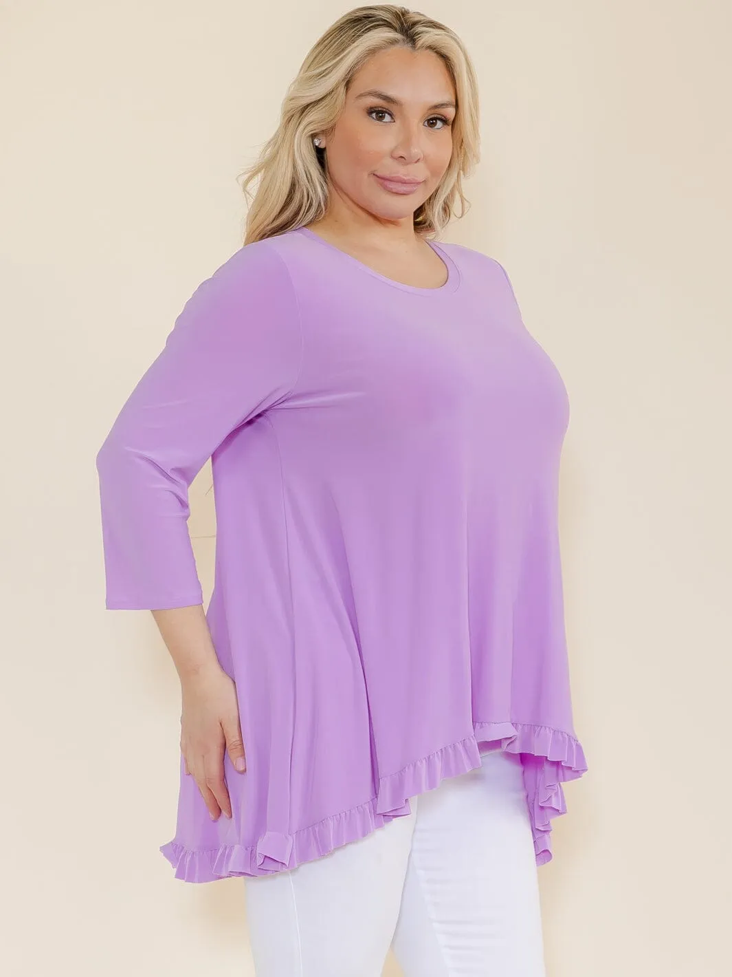 PLUS SIZE 3/4 SLEEVES RUFFLE BOTTOM HEM TUNIC HIGH-LOW TOP