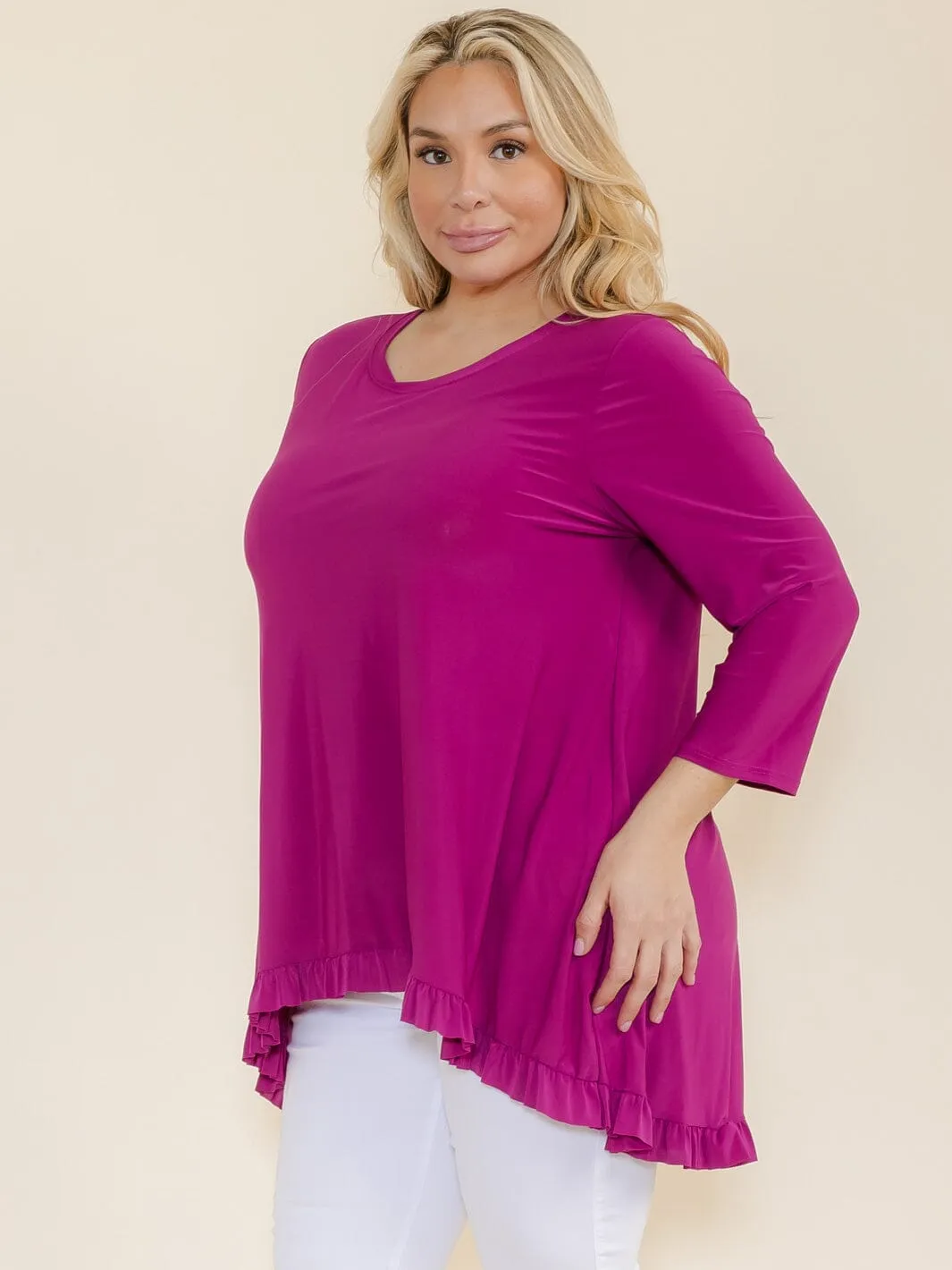PLUS SIZE 3/4 SLEEVES RUFFLE BOTTOM HEM TUNIC HIGH-LOW TOP