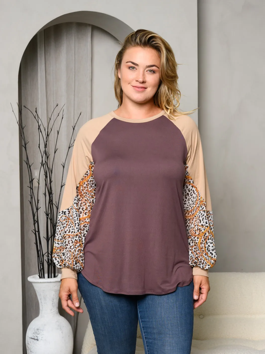 PLUS SIZE LONG SLEEVE ANIMAL PRINT CHAIN PRINT TOP
